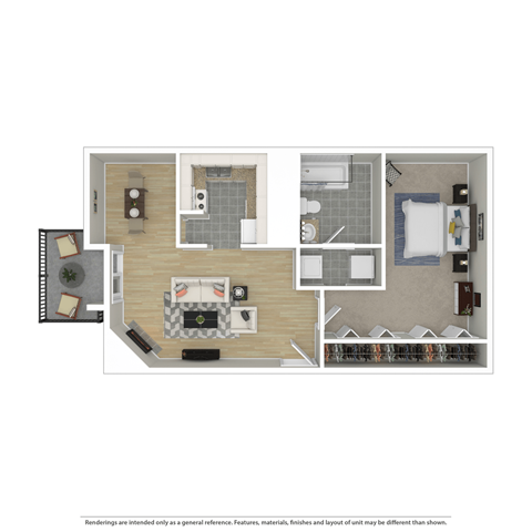 Floor plan for 1 bed, 1 bath, 665 sqft